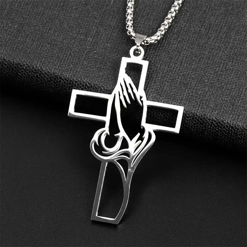 Men's Stainless Steel Praying Hands Cross Necklace