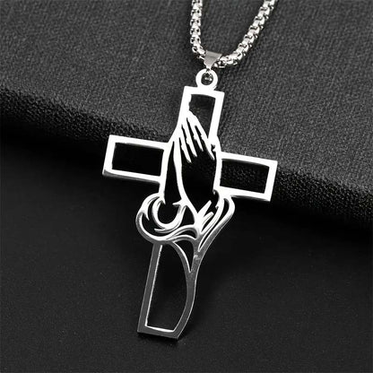 Men's Stainless Steel Praying Hands Cross Necklace