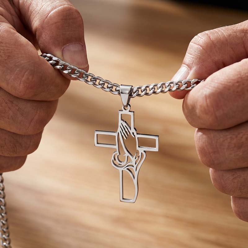 Men's Stainless Steel Praying Hands Cross Necklace