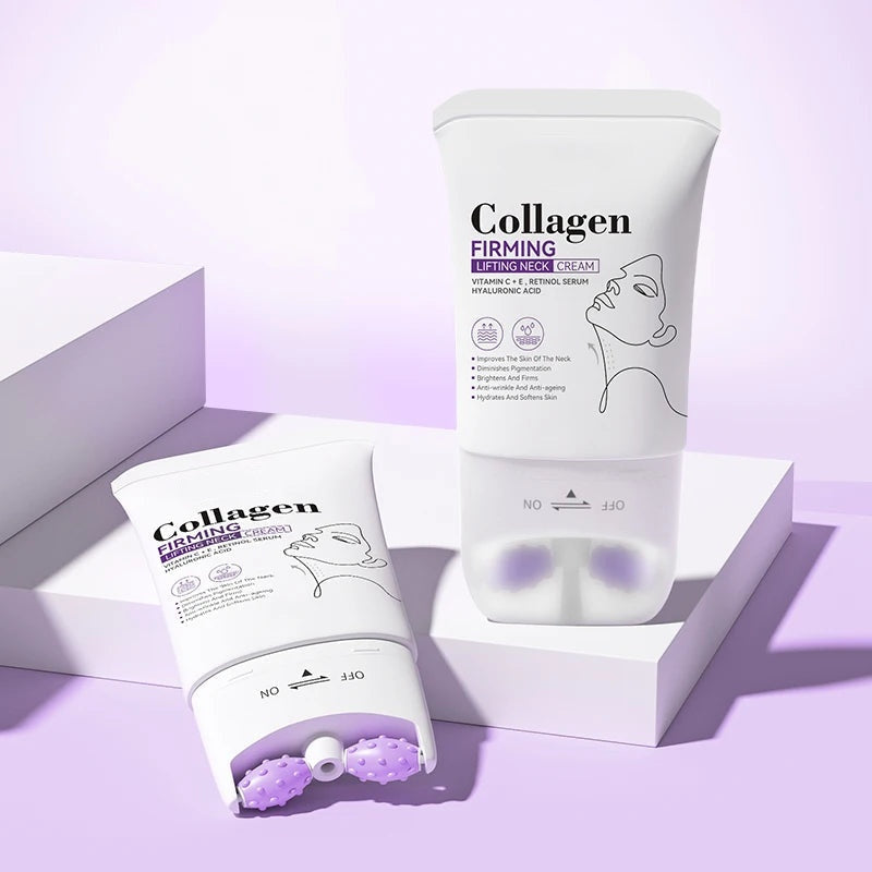 Crema reafirmante de colágeno para el cuello con rodillo de masaje
