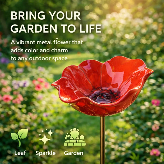 Flor de metal con bebedero para pájaros – ¡Hermosa decoración de jardín en uno!
