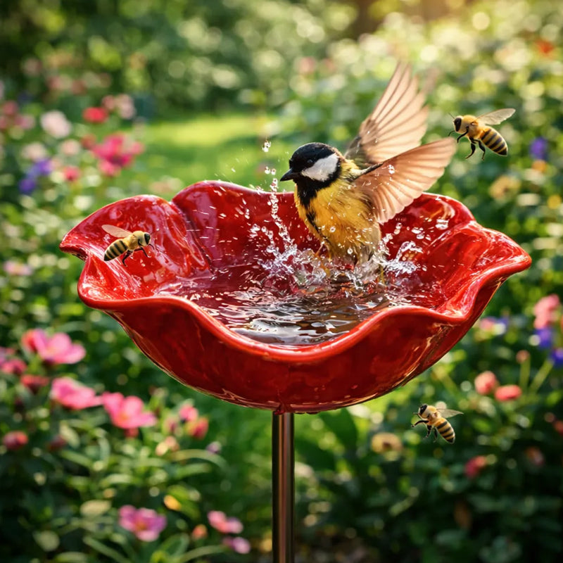 Flor de metal con bebedero para pájaros – ¡Hermosa decoración de jardín en uno!
