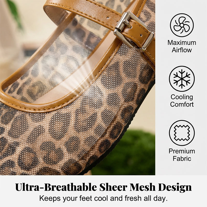 Flats de Malla para Mujer con Estampado de Leopardo Estilo Mary Jane
