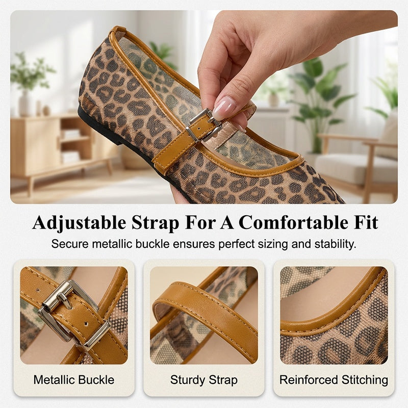 Flats de Malla para Mujer con Estampado de Leopardo Estilo Mary Jane