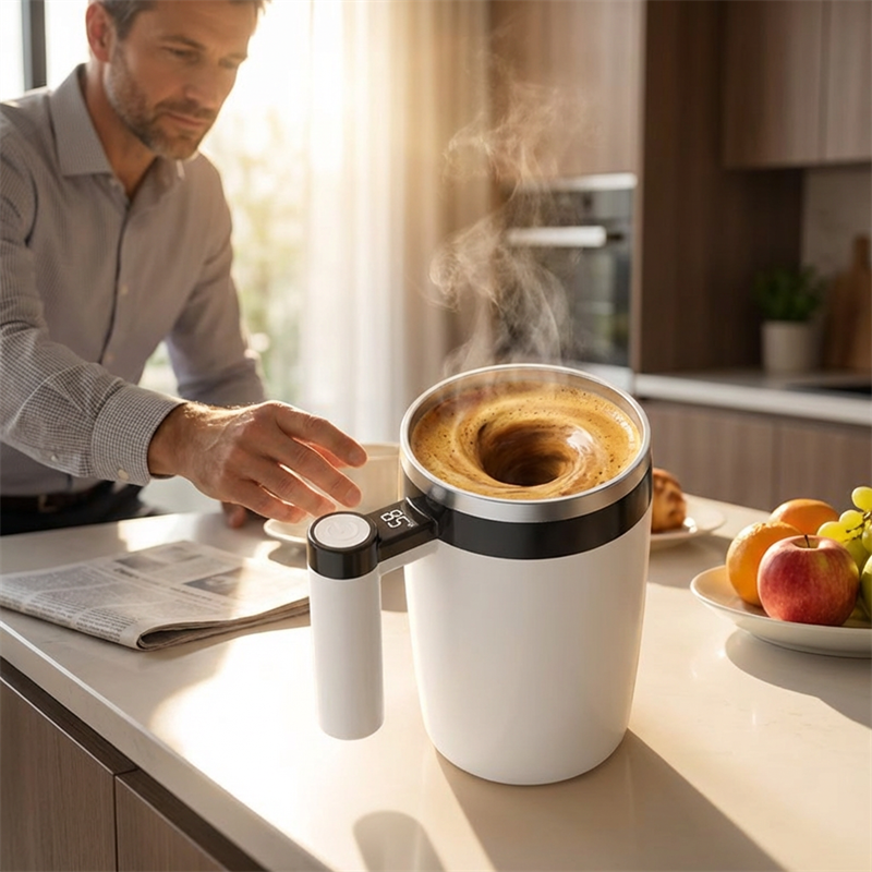 Taza de café recargable con agitador automático y pantalla digital