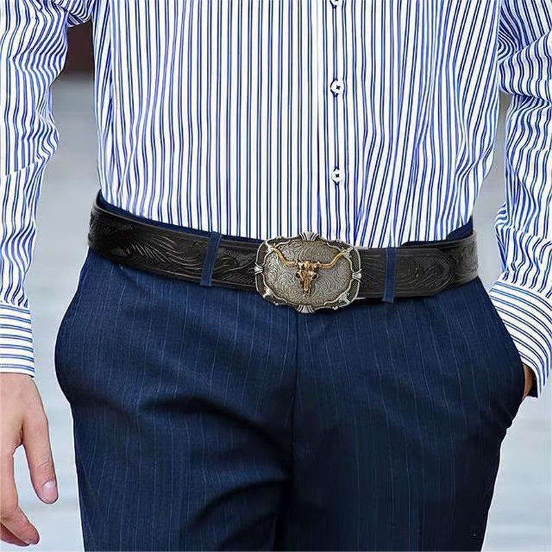 Cinturón de Piel Genuina para Hombre con Hebilla de Cabeza de Toro