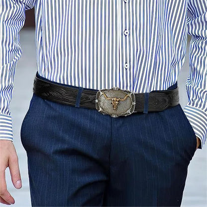 Cinturón de Piel Genuina para Hombre con Hebilla de Cabeza de Toro