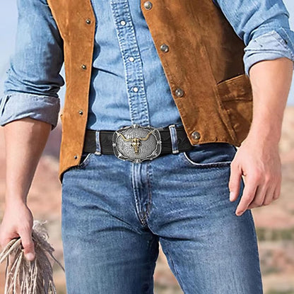 Cinturón de Piel Genuina para Hombre con Hebilla de Cabeza de Toro