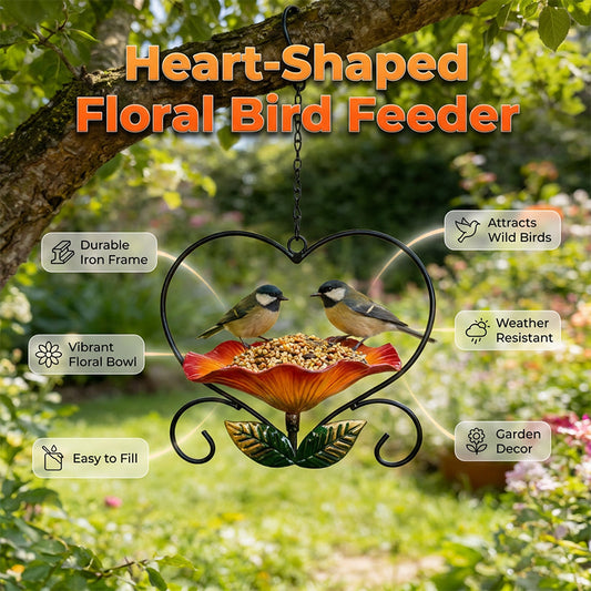 Comedero para pájaros con forma de corazón y motivos florales