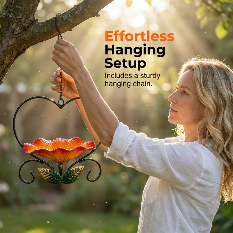 Comedero para pájaros con forma de corazón y motivos florales