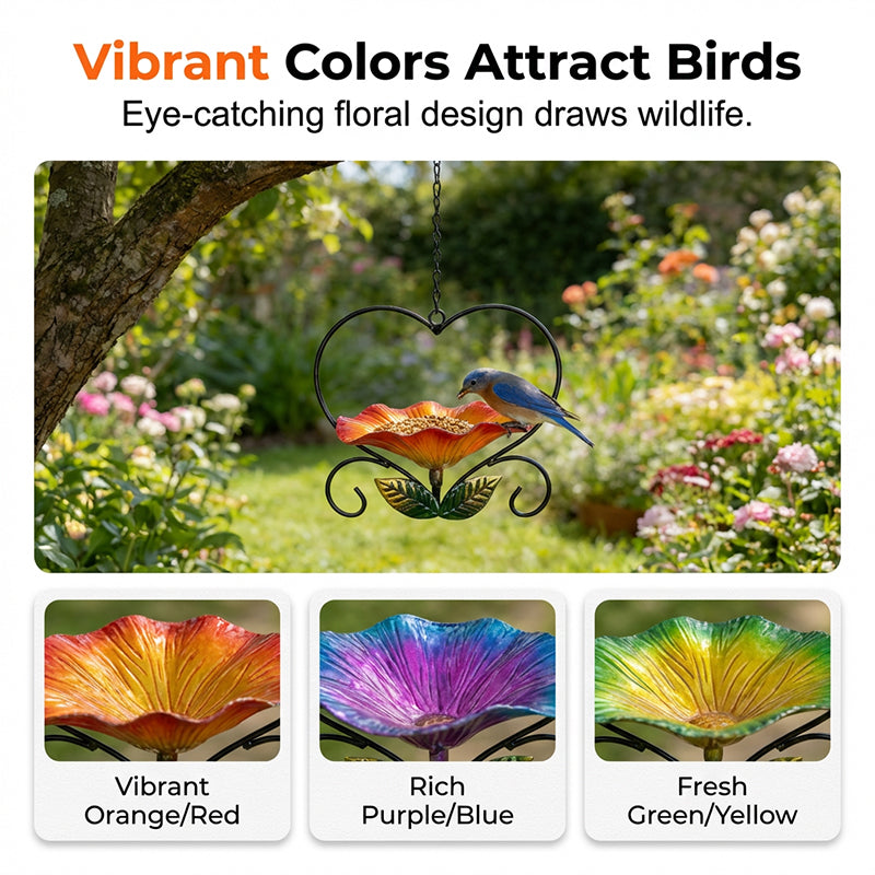Comedero para pájaros con forma de corazón y motivos florales