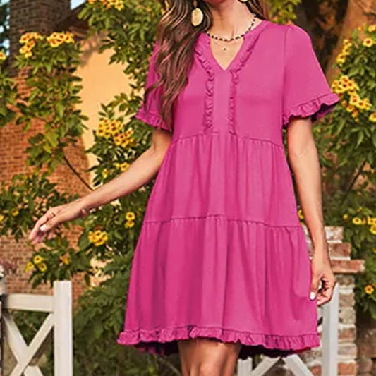 Vestido en Capas para Dama con Olanes y Cuello V