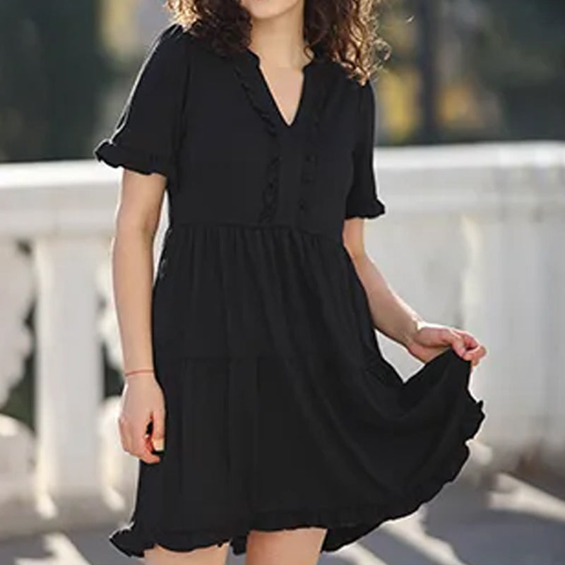 Vestido en Capas para Dama con Olanes y Cuello V