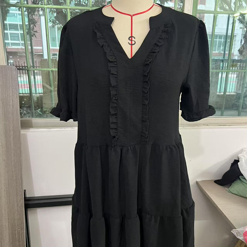 Vestido en Capas para Dama con Olanes y Cuello V