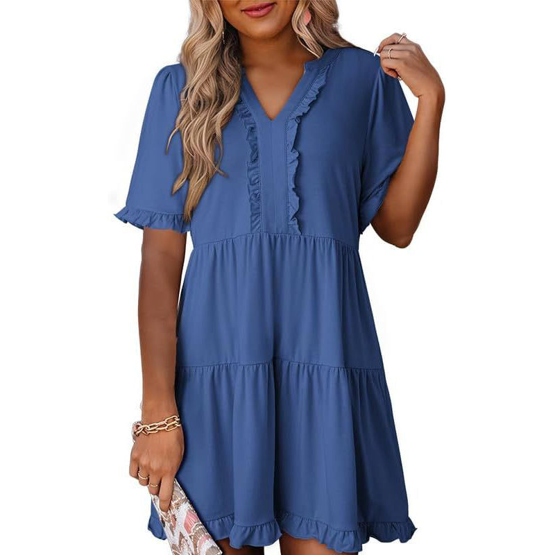 Vestido en Capas para Dama con Olanes y Cuello V