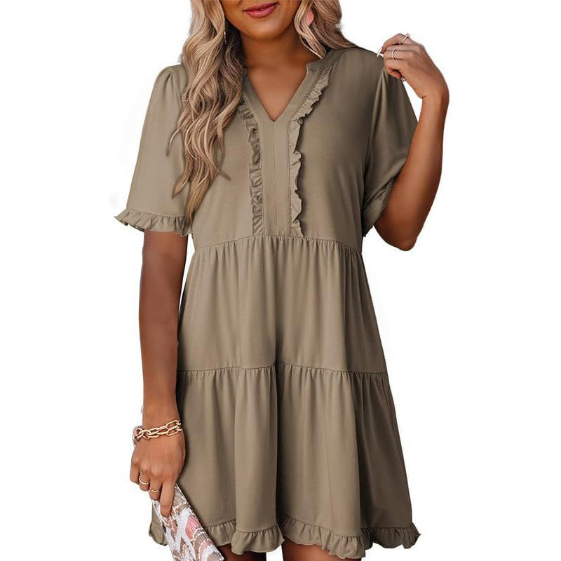 Vestido en Capas para Dama con Olanes y Cuello V