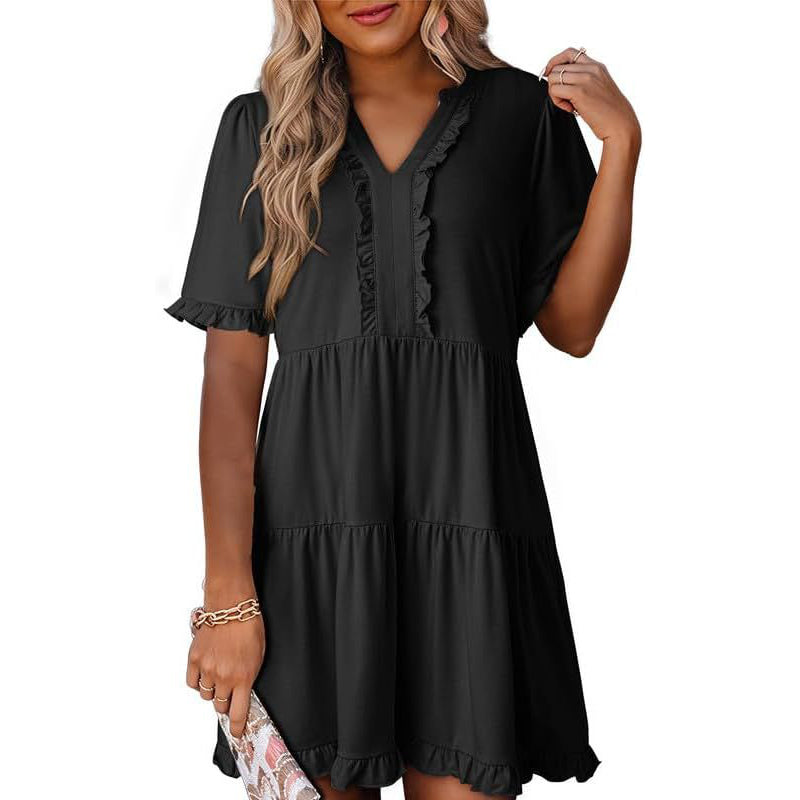 Vestido en Capas para Dama con Olanes y Cuello V
