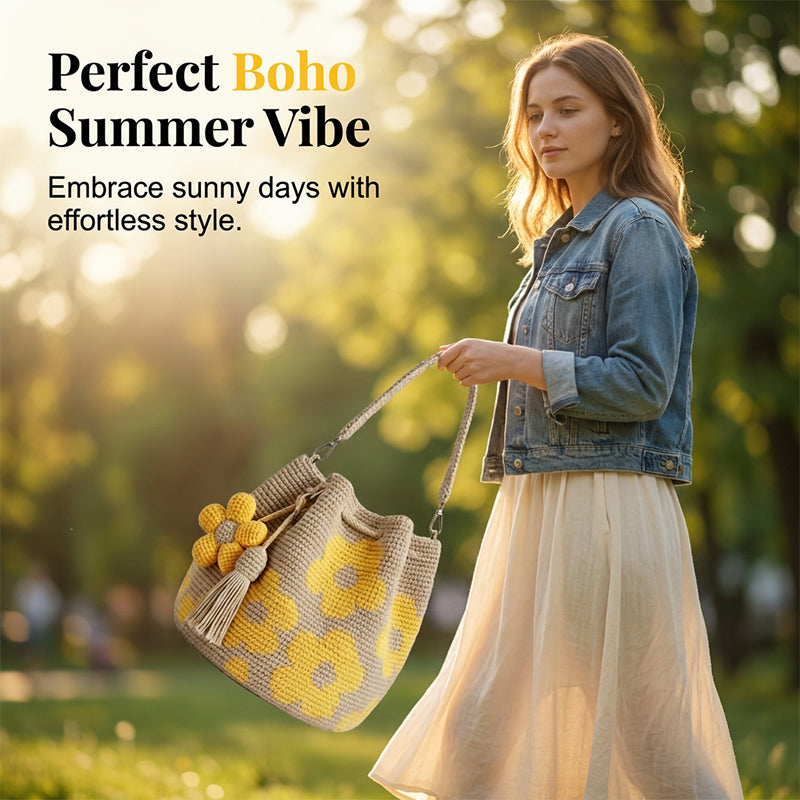 Bolsa Bucket Tejida a Crochet para Dama, Estilo Bohemio