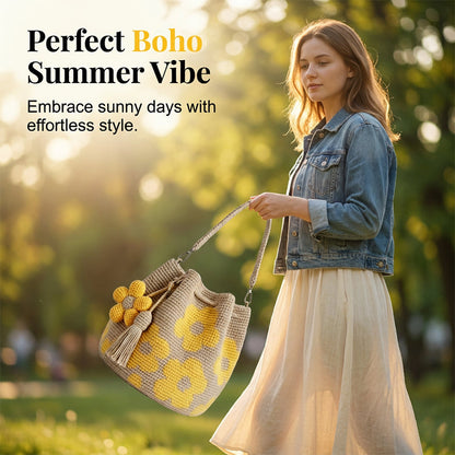 Bolsa Bucket Tejida a Crochet para Dama, Estilo Bohemio