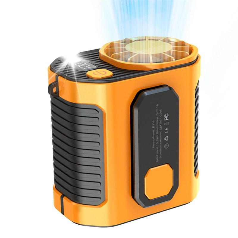 Ventilador Portátil de Cintura Manos Libres con Linterna LED, Alta Velocidad para Exteriores