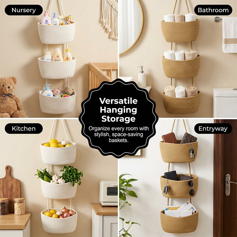 🧺 ¡50% DE DESCUENTO POR TIEMPO LIMITADO! ✨ Organizador Colgante de Pared – 3 Niveles, Estilo Boho, Ahorra Espacio 🏡